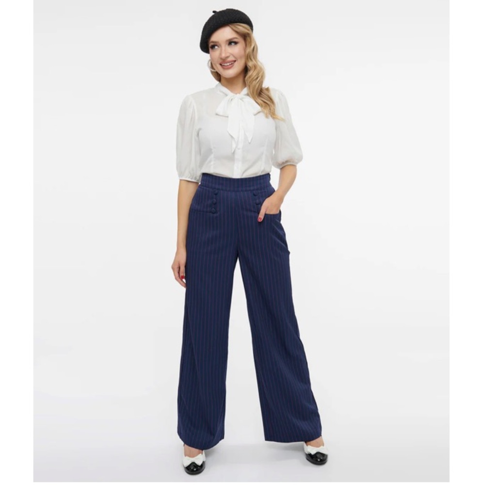 Women’s 1940s Navy and Pink Pinstripe Ginger Pants Size L 10/12